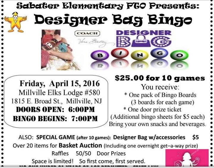 Sabater Elementary Pto Designer Bag Bingo At Millville Elks