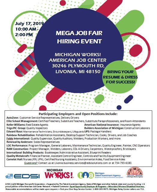 Mega Job Fair, Michigan Works Livonia Service Center, July 17 2019