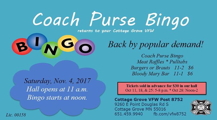 Coach Purse Bingo At Cottage Grove Vfw Post 8752 Cottage Grove