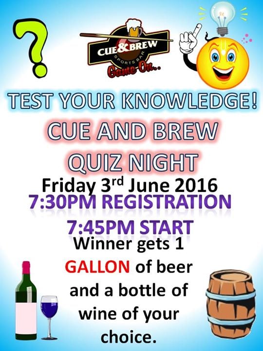 QUIZ NIGHT Test your knowledge at Cue and Brew Sports Kidderminster