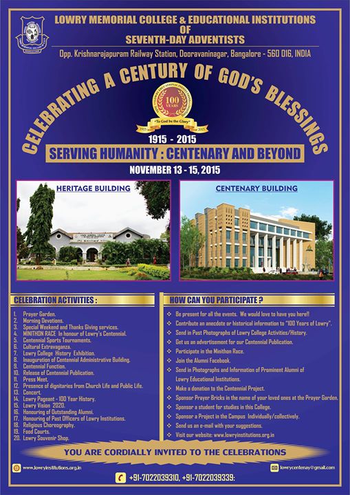 LOWRY CENTENNIAL CELEBRATIONS at Lowry Memorial College, Bangalore
