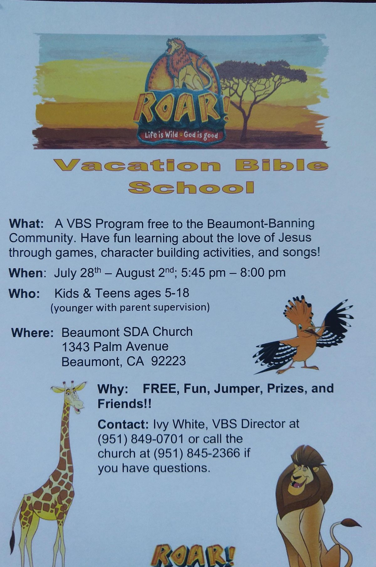 ROAR Beaumont SDA Vacation Bible School 2019 Beaumont Seventh Day roar-beaumont-sda-vacation-bible-school-2019-beaumont-seventh-day