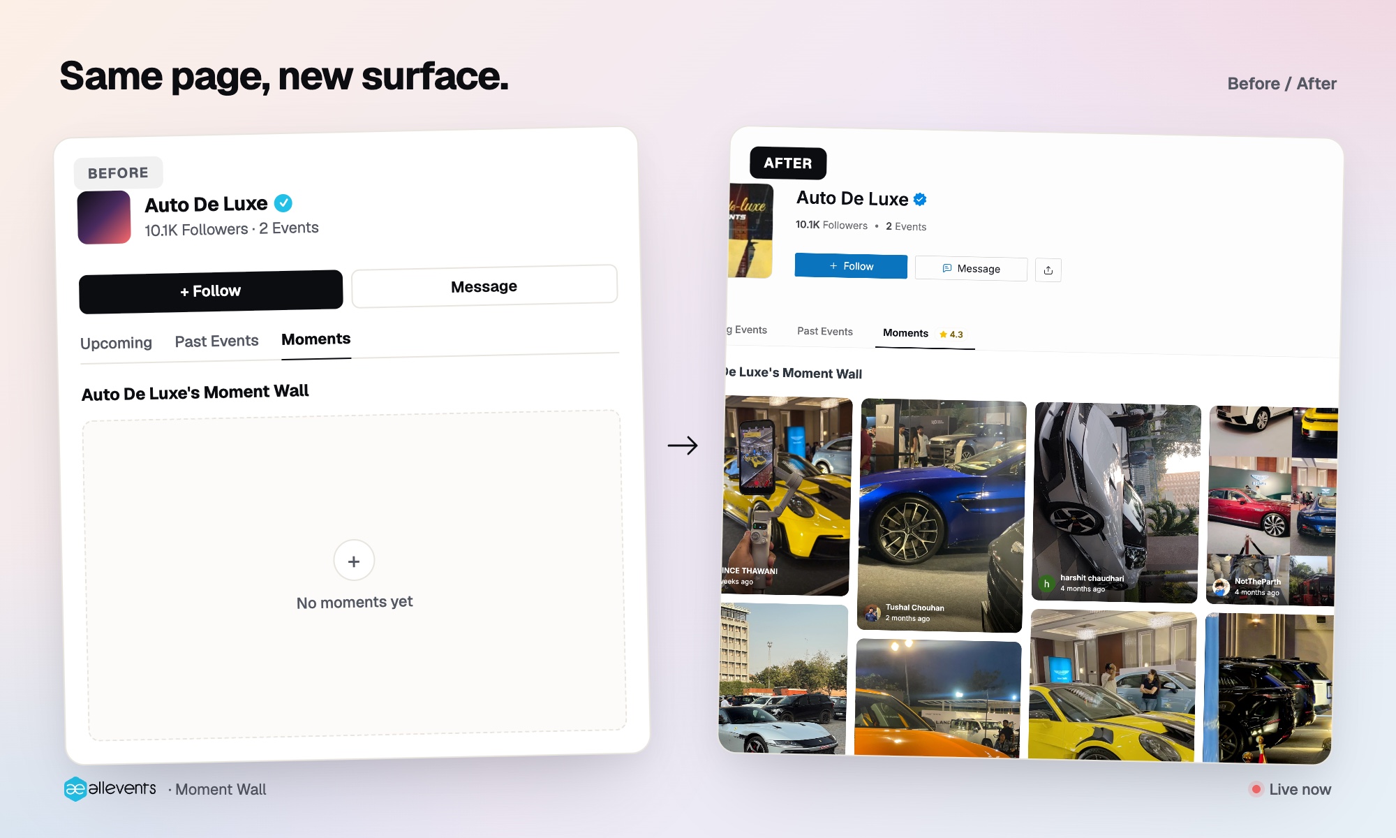 Side-by-side comparison of an AllEvents organizer page before and after activating a Moment Wall, showing event listings unchanged and a populated attendee photo grid added below