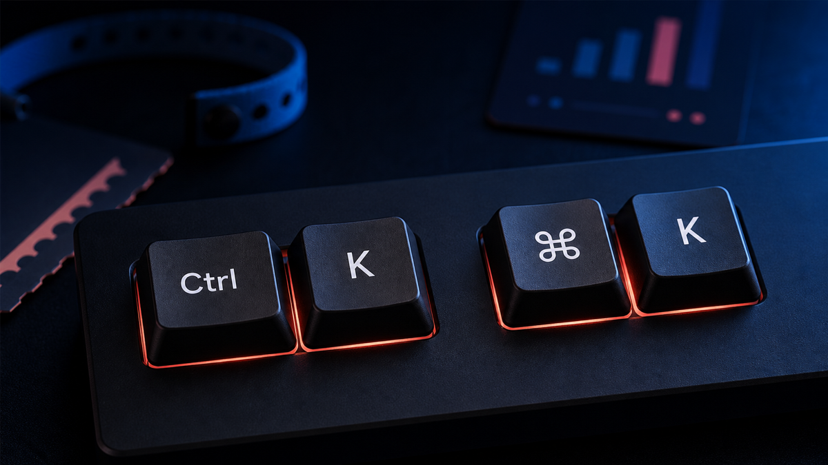 Premium keyboard close-up showing Ctrl K and Command K shortcuts for AllEvents dashboard quick navigation