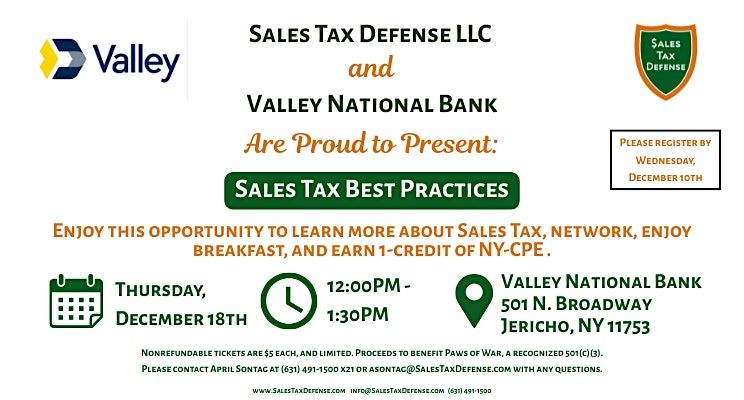 Sales Tax Best Practices with Sales Tax Defense LLC & Valley National Bank, 18 December | Event in Jericho