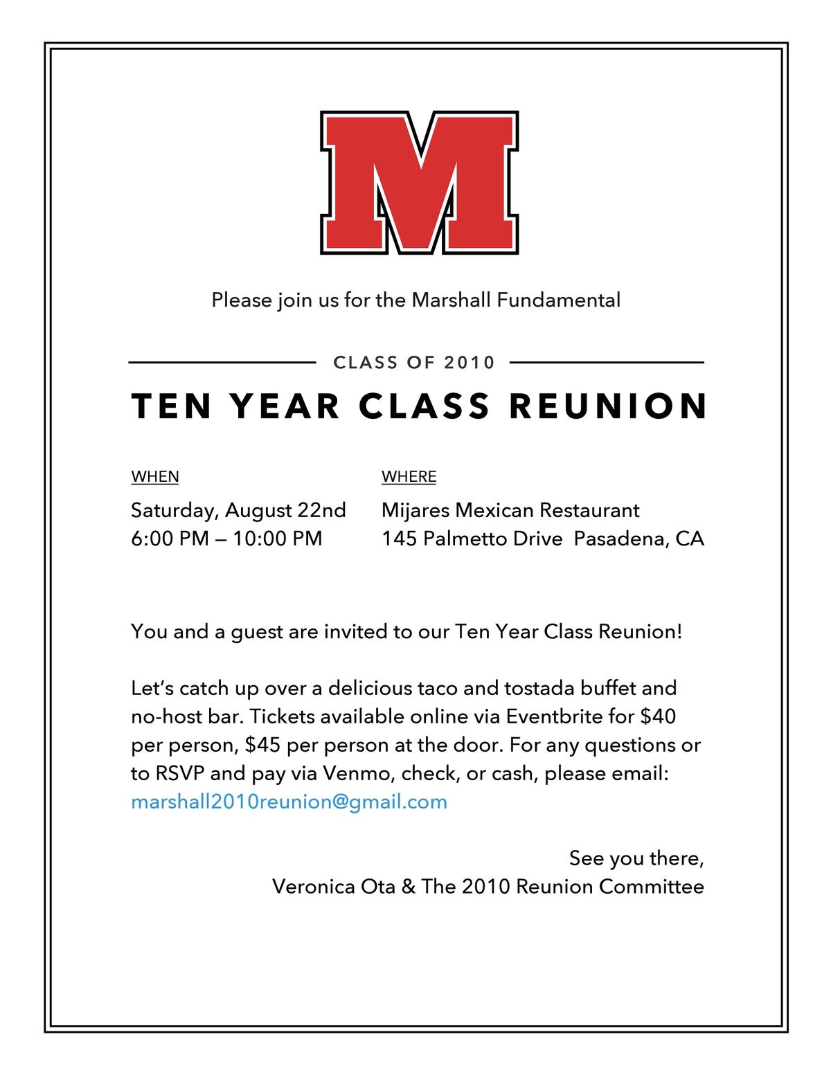 Marshall Fundamental Class of 2010 Ten Year Reunion at Mijares Mexican