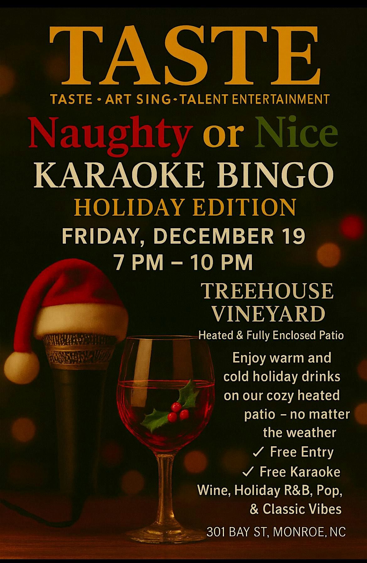 TASTE - Naughty or Nice Karaoke Bingo (Holiday Edition), 19 December | Event in Monroe | AllEvents