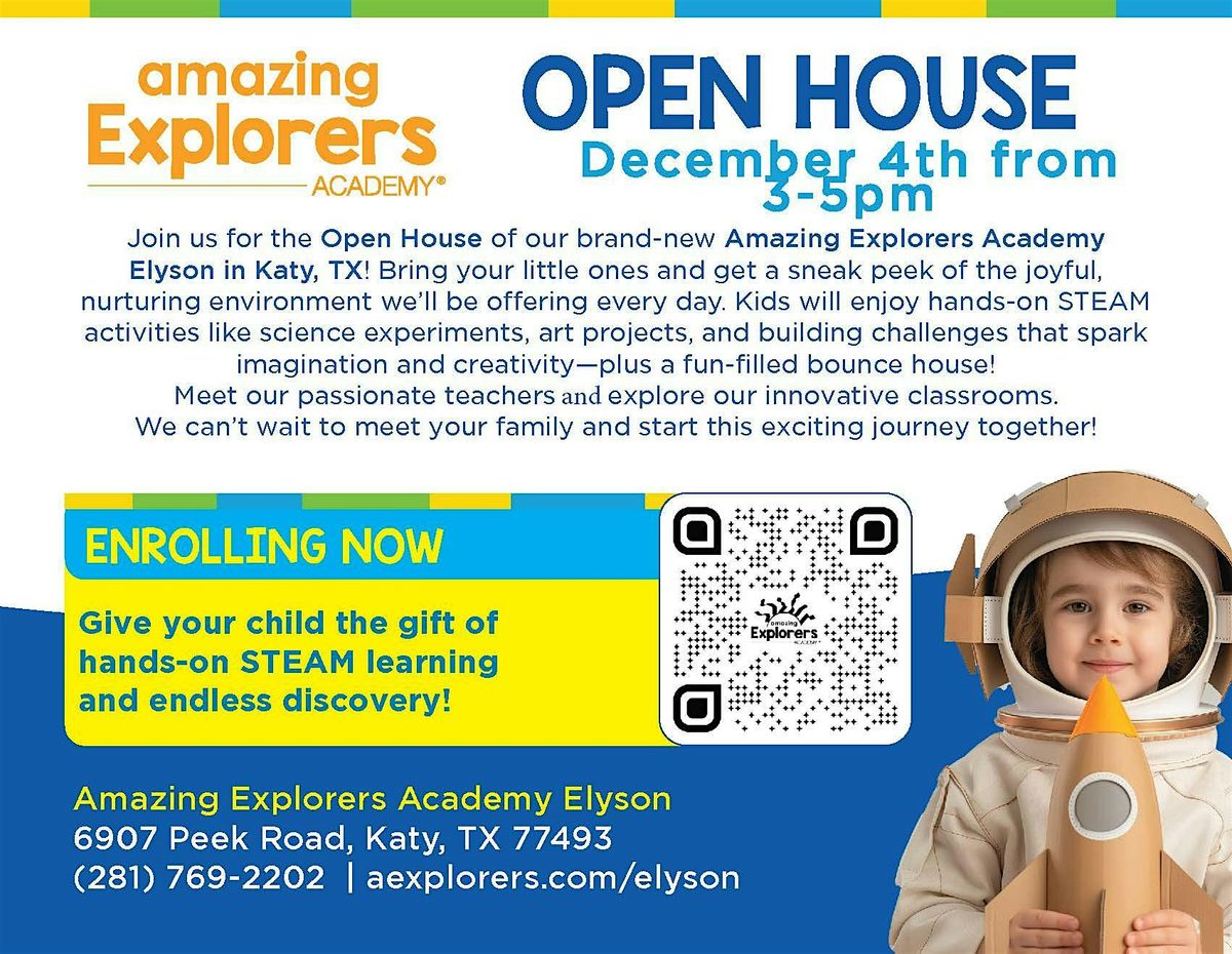 Amazing Explorers Academy Elyson Open House, 4 December | Event in Katy | AllEvents