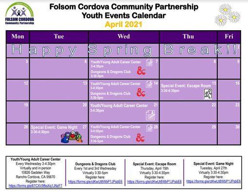 April Youth Events Folsom Cordova Job Center Folsom Cordova Job Center Rancho Cordova April 27 2021 Allevents In Folsom Middle School Calendar