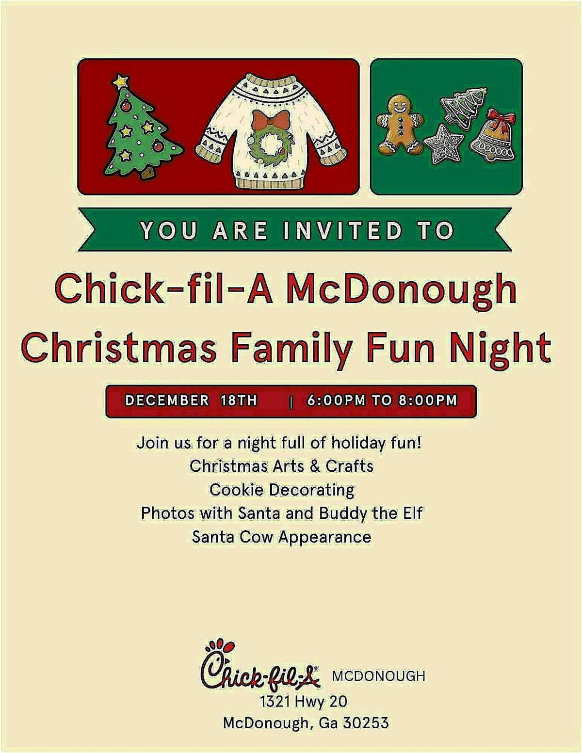 Christmas Family  Night at Chick-fil-A McDonough, 18 December | Event in McDonough | AllEvents