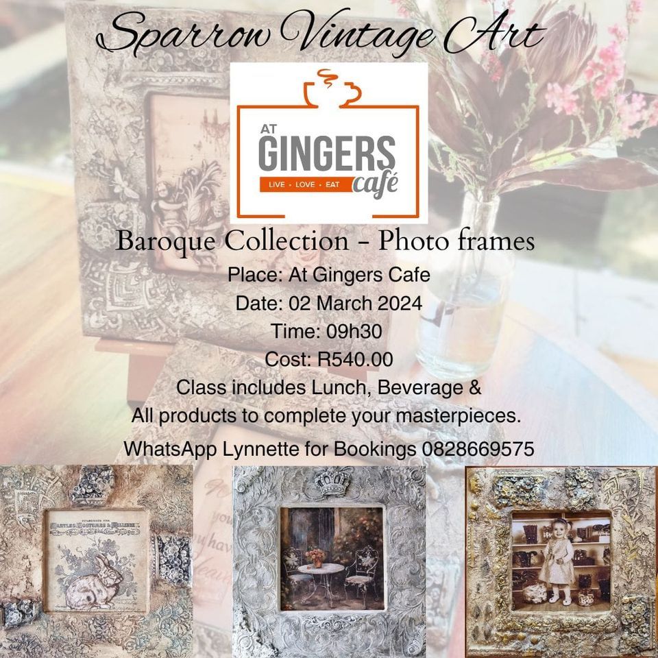 Faux cement wall art Baroque photoframes , At Gingers Cafe, Foster