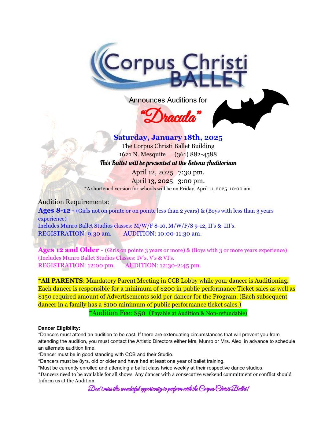 Corpus Christi Ballet Dracula at Selena Auditorium at American Bank