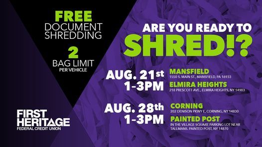 First Heritage Shred Day Free Document Shredding Painted Post First Heritage Federal Credit Union Painted Post August 28 2021 Allevents In Shredding Events Syracuse Ny 2022