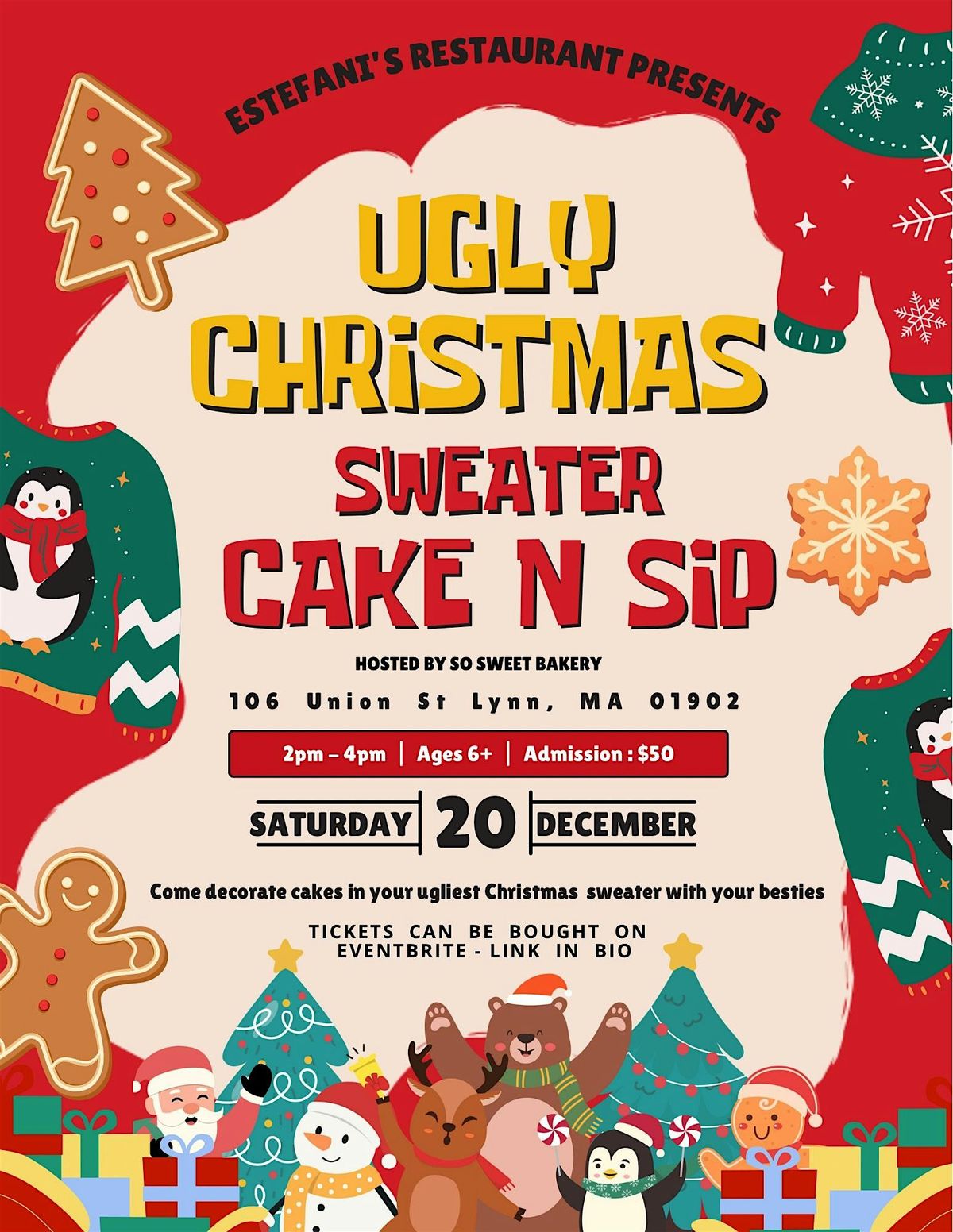Ugly Christmas sweater Cake and Sip, 20 December | Event in Lynn | AllEvents
