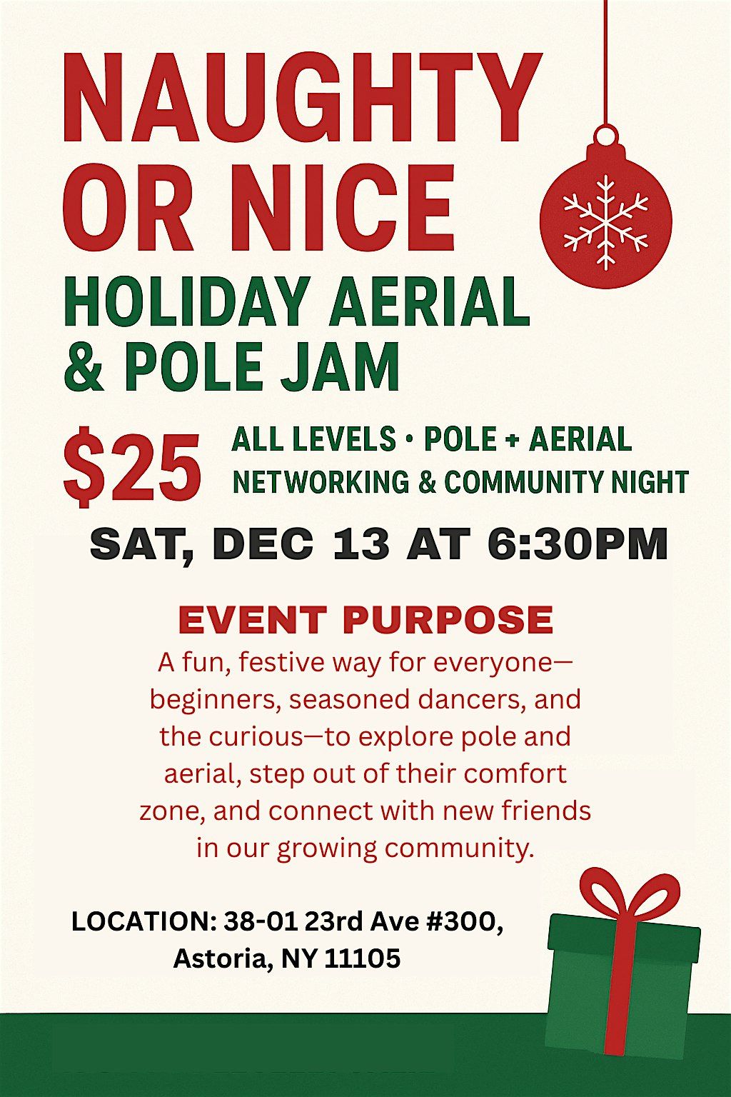 Naughty or Nice Holiday Aerial & Pole Jam, 13 December | Event in Queens | AllEvents
