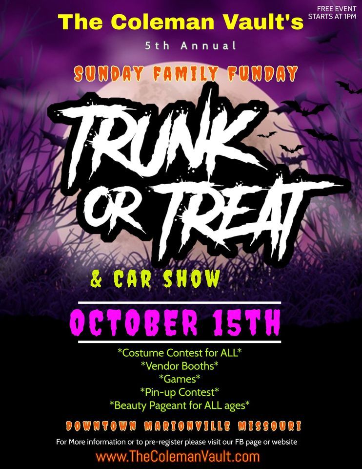 The Coleman Vault's 5th Annual Trunk or Treat and Car Show Family Funday, 15 October | Event in Marionville