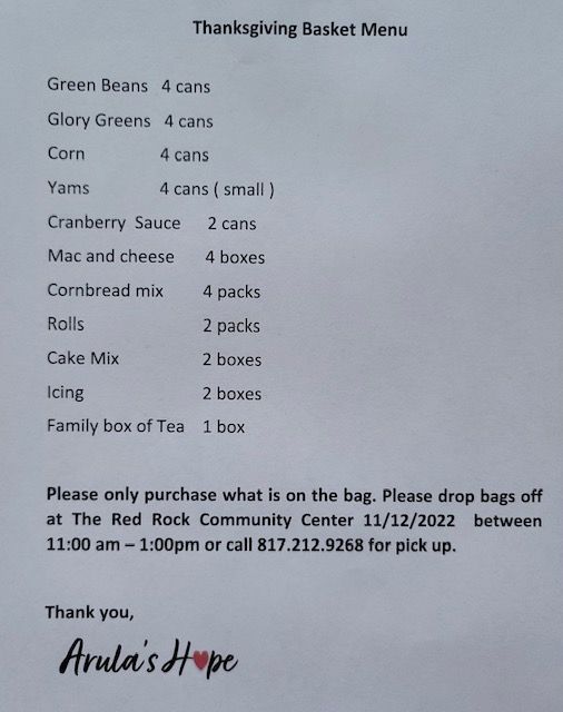Thanksgiving Basket Menu DropOff, Red Rock Community Center 2629 S