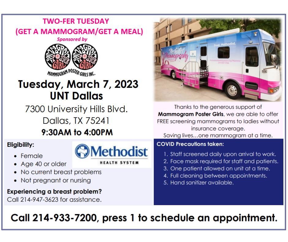 Mammogram Poster Girls MARCH 7th, 2023; TwoFer Tuesday; UNT Dallas