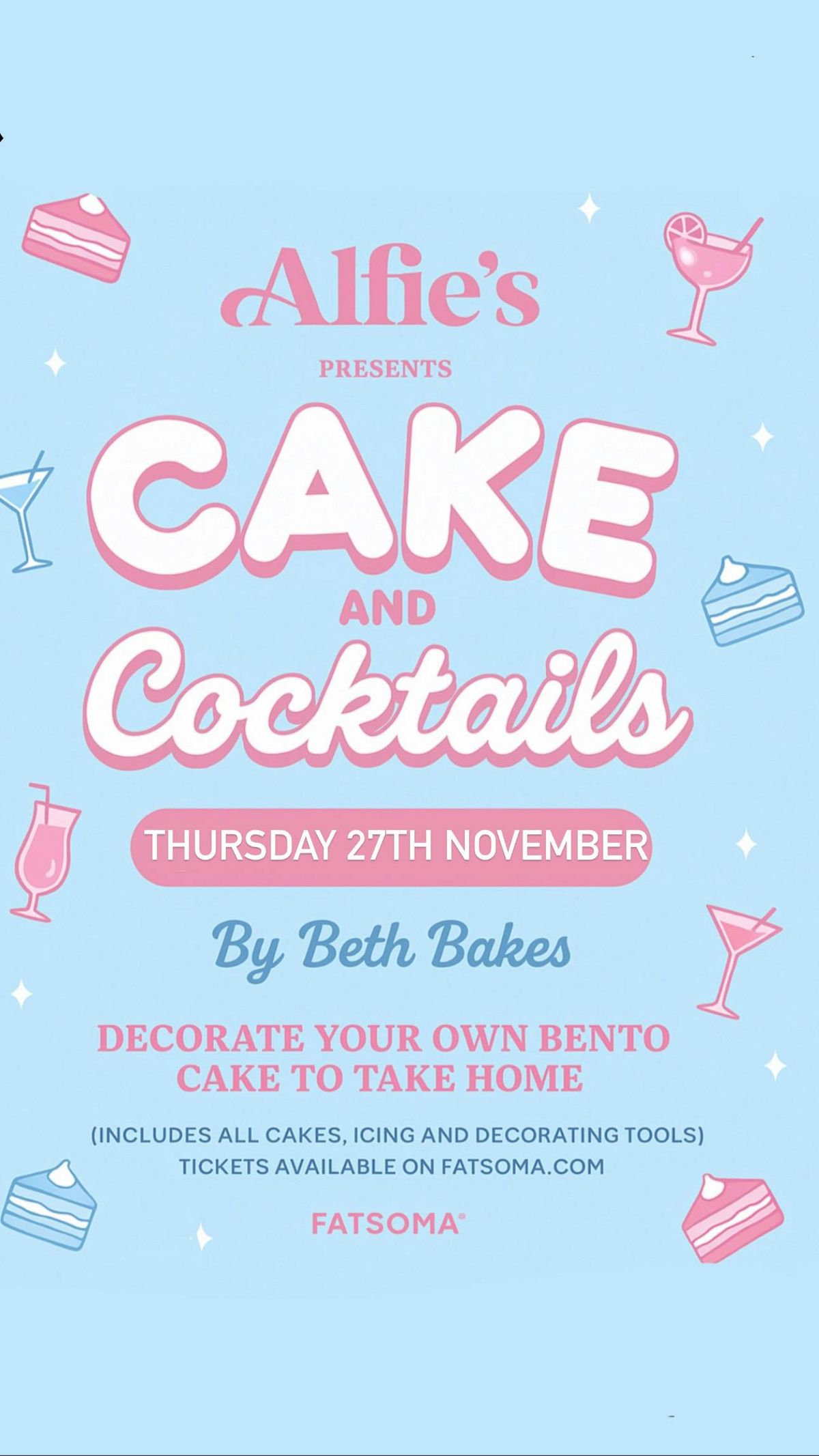Cakes and cocktails- by Beth Bakes - Alfie’s Bar - Thursday 27th November, 27 November | Event in Newcastle Upon Tyne