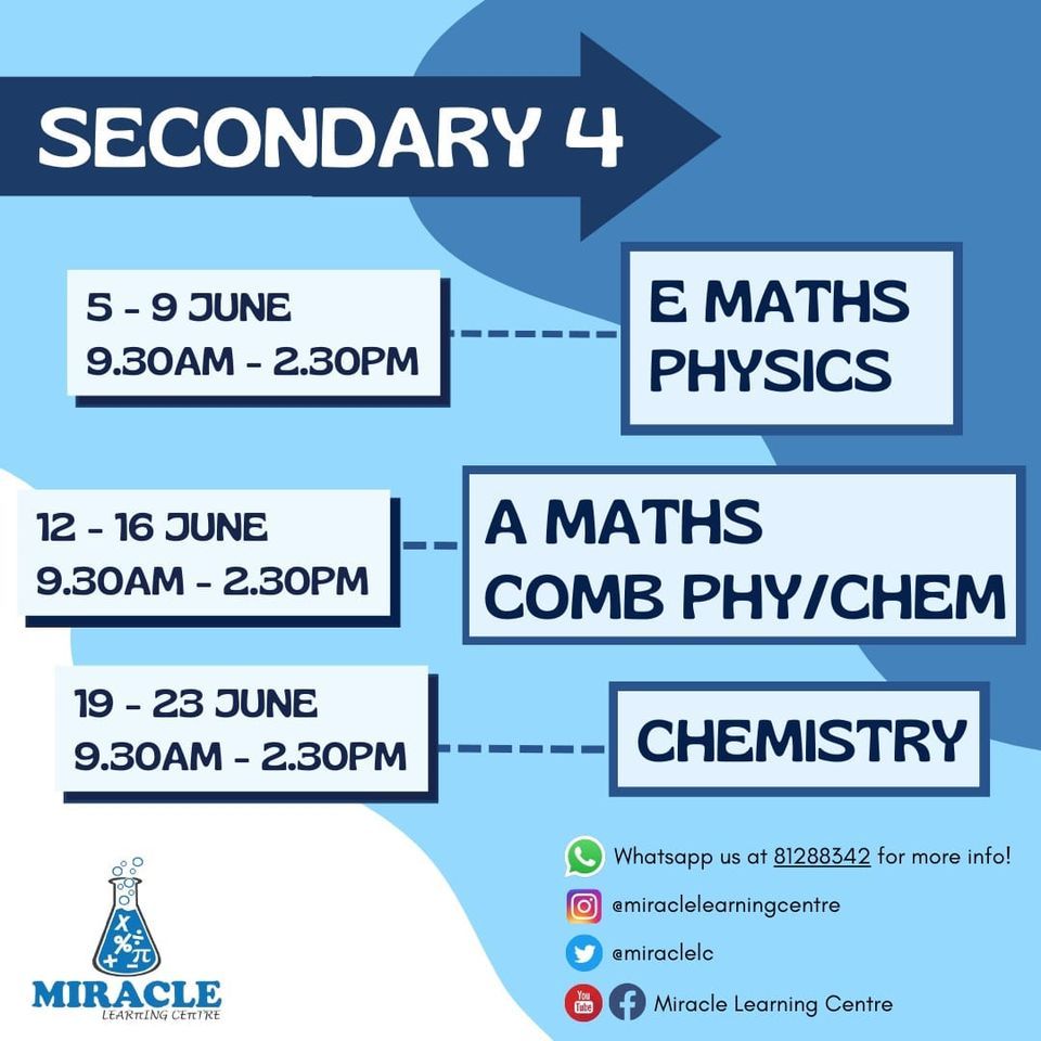 Secondary 4 O level A math crash course, Miracle Learning Centre, Singapore, 12 June to 16 June ...