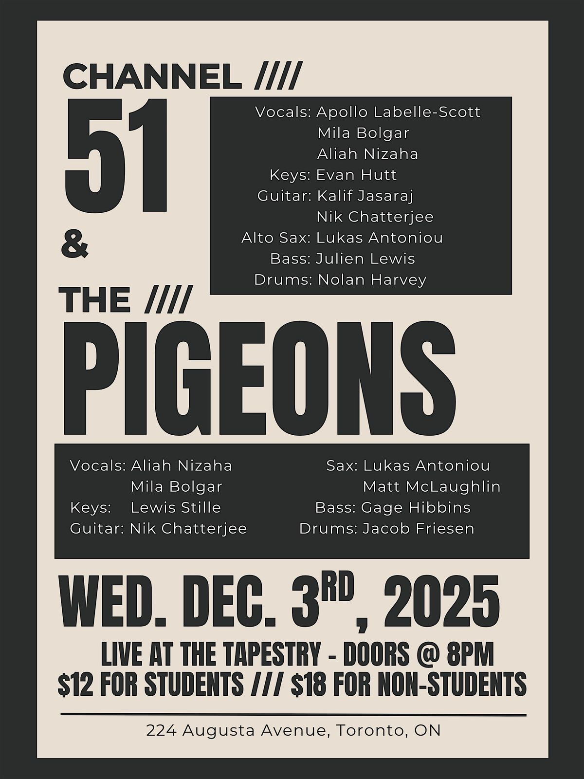 CHANNEL 51 & THE PIGEONS (Live at the Tapestry), 3 December | Event in Toronto | AllEvents