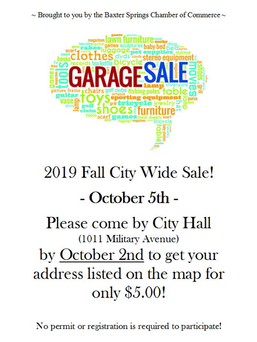 2019 Fall City Wide Sale, Baxter Springs Chamber of Commerce, October 5