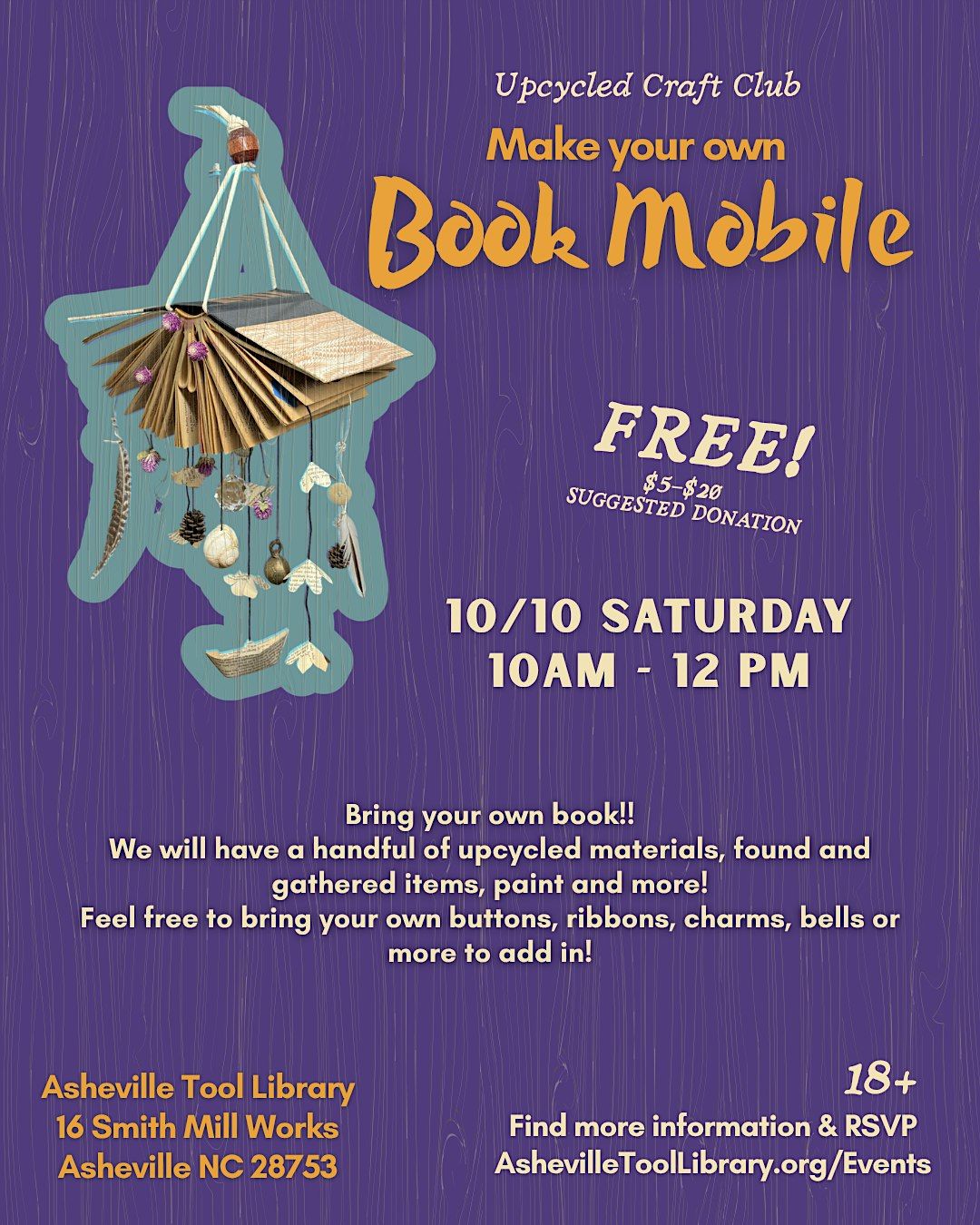 Upcycle Craft Club - Whimsical Book Mobiles, Asheville Tool Library, 10 ...