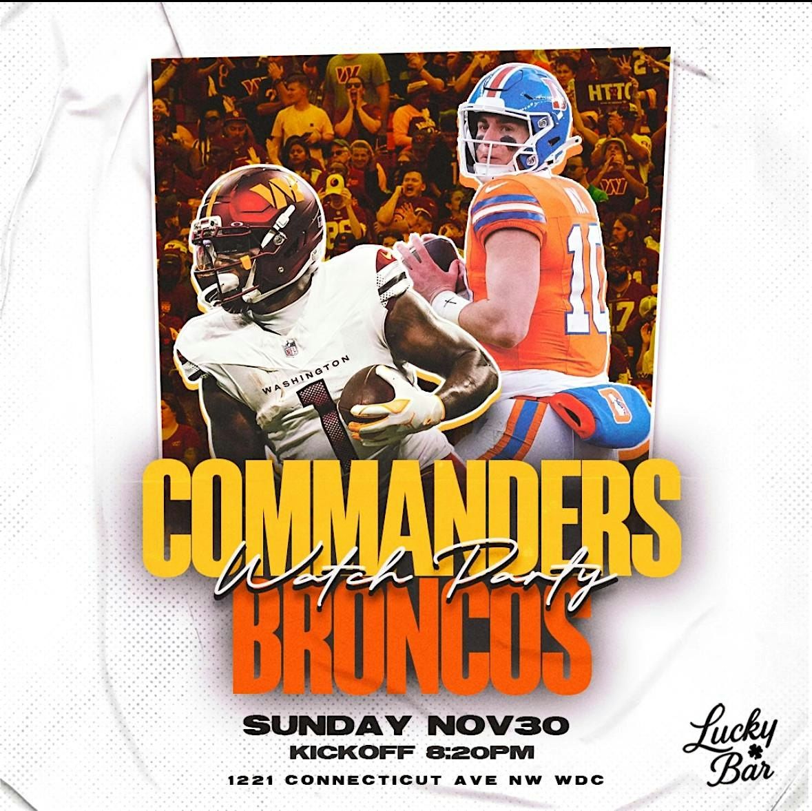 Commanders vs Broncos Sunday Night Football Watch Party at  Lucky Bar, 30 November | Event in Washington | AllEvents