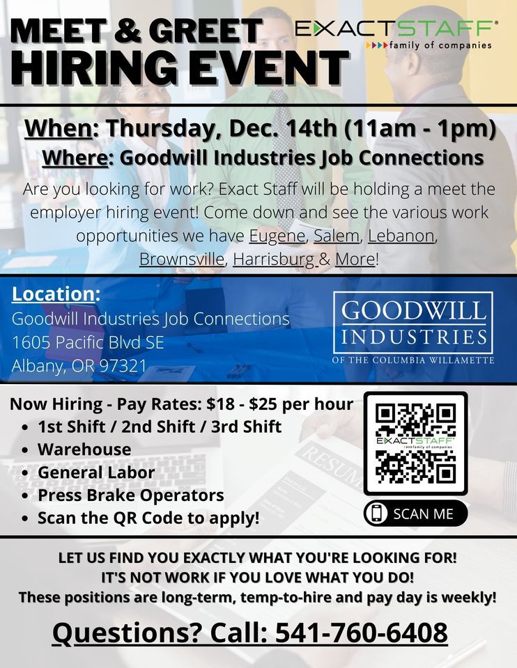 Meet The Employer Hiring Event Exact Staff Albany, OR, Goodwill