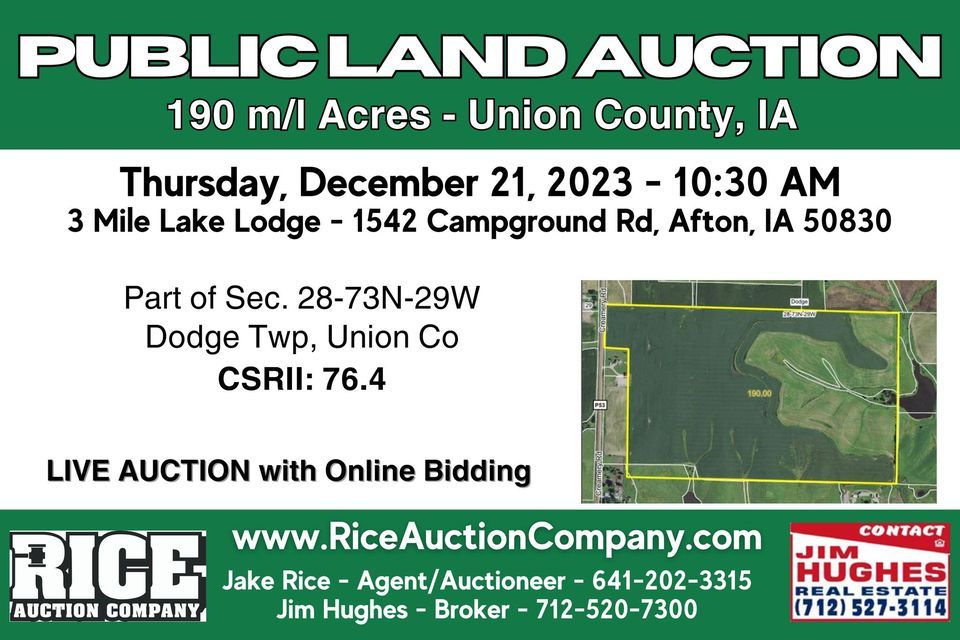 190 Acre Union County Land Auction , 3 mile lodge Afton Iowa, December