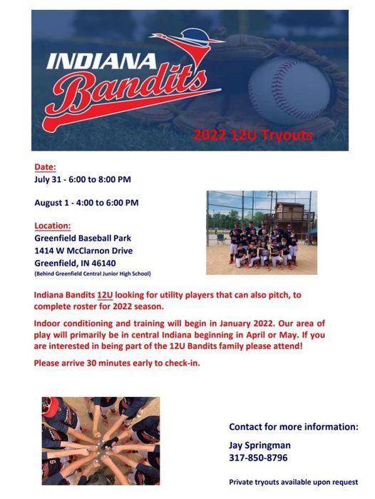 2022 12u Bandits Tryouts 1414 W Mcclarnon Dr Greenfield In 46140 5535 United States July 31 2021 Allevents In Bandits Schedule 2022