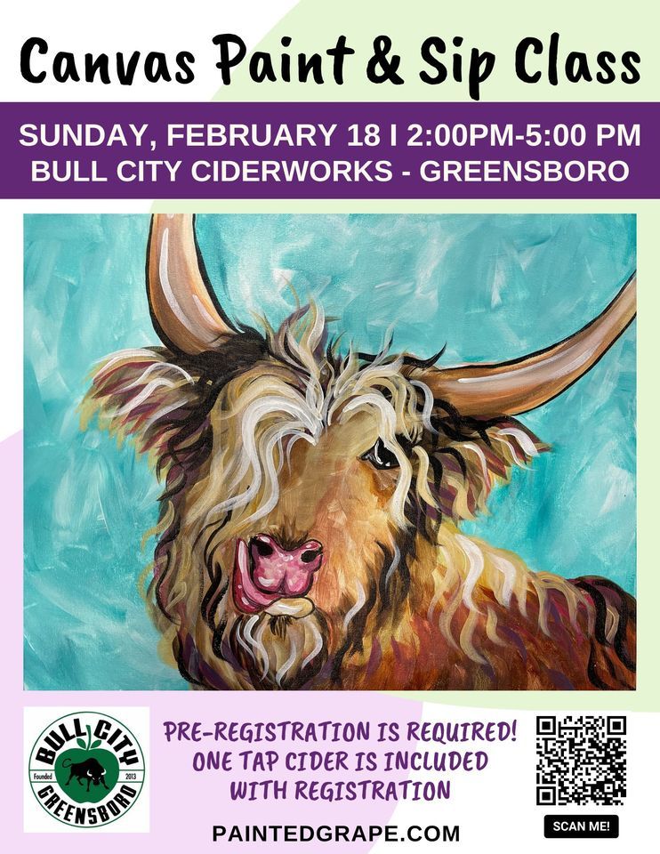 Bull City Cider Works Greensboro Highland Cow Sip & Paint Canvas