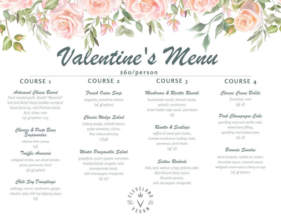 4course Valentines Dinner reservation only, Cleveland Vegan Catering