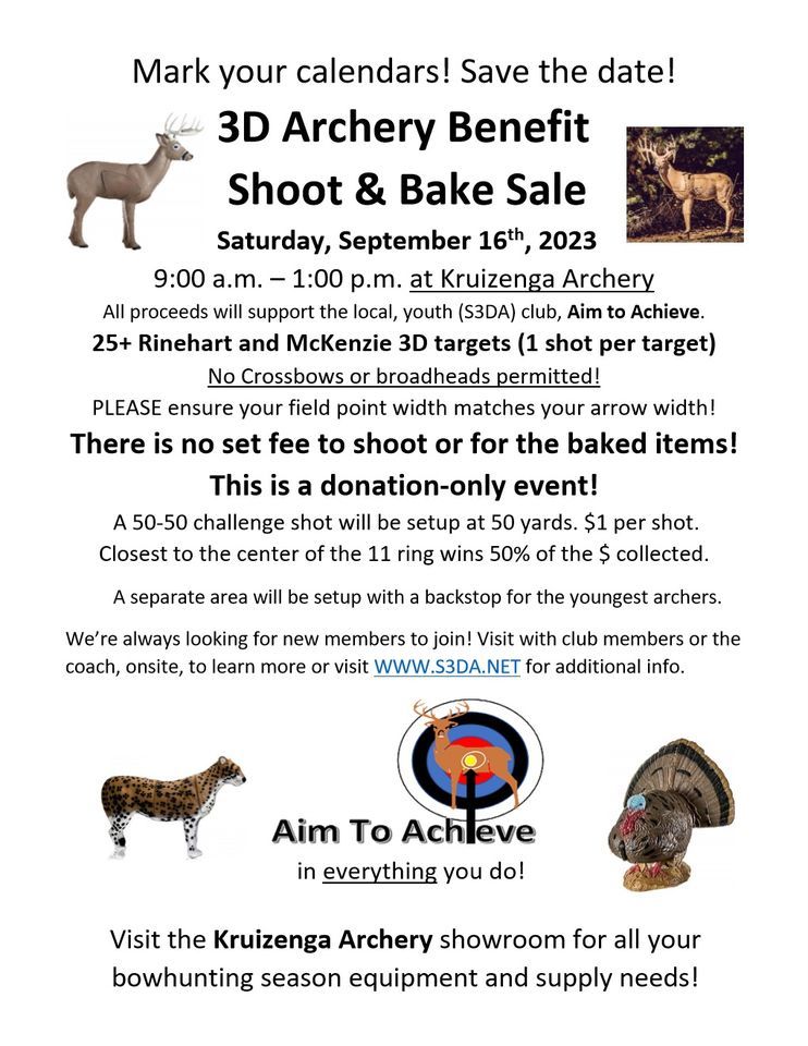 Free 3D shooting fundraiser, Kruizenga Archery, Mattawan, 16 September