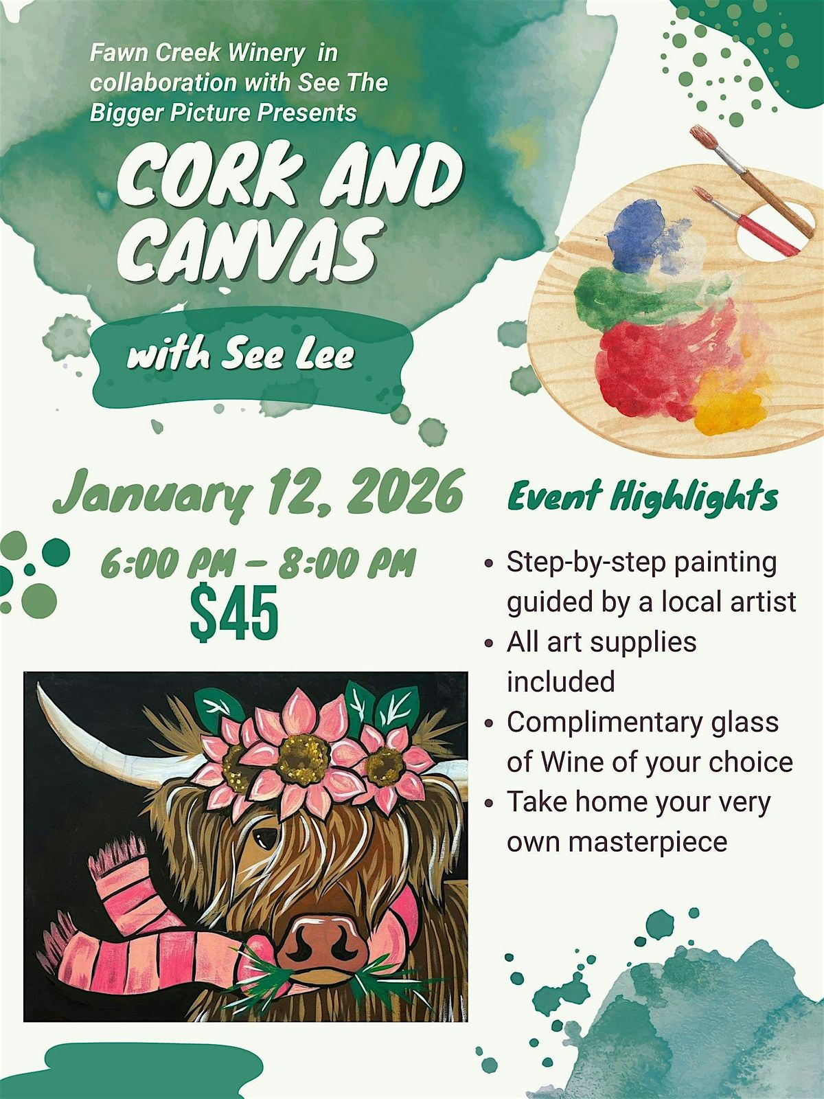 CORK AND CANVAS-Spring Highlander Cow at Fawn Creek Winery