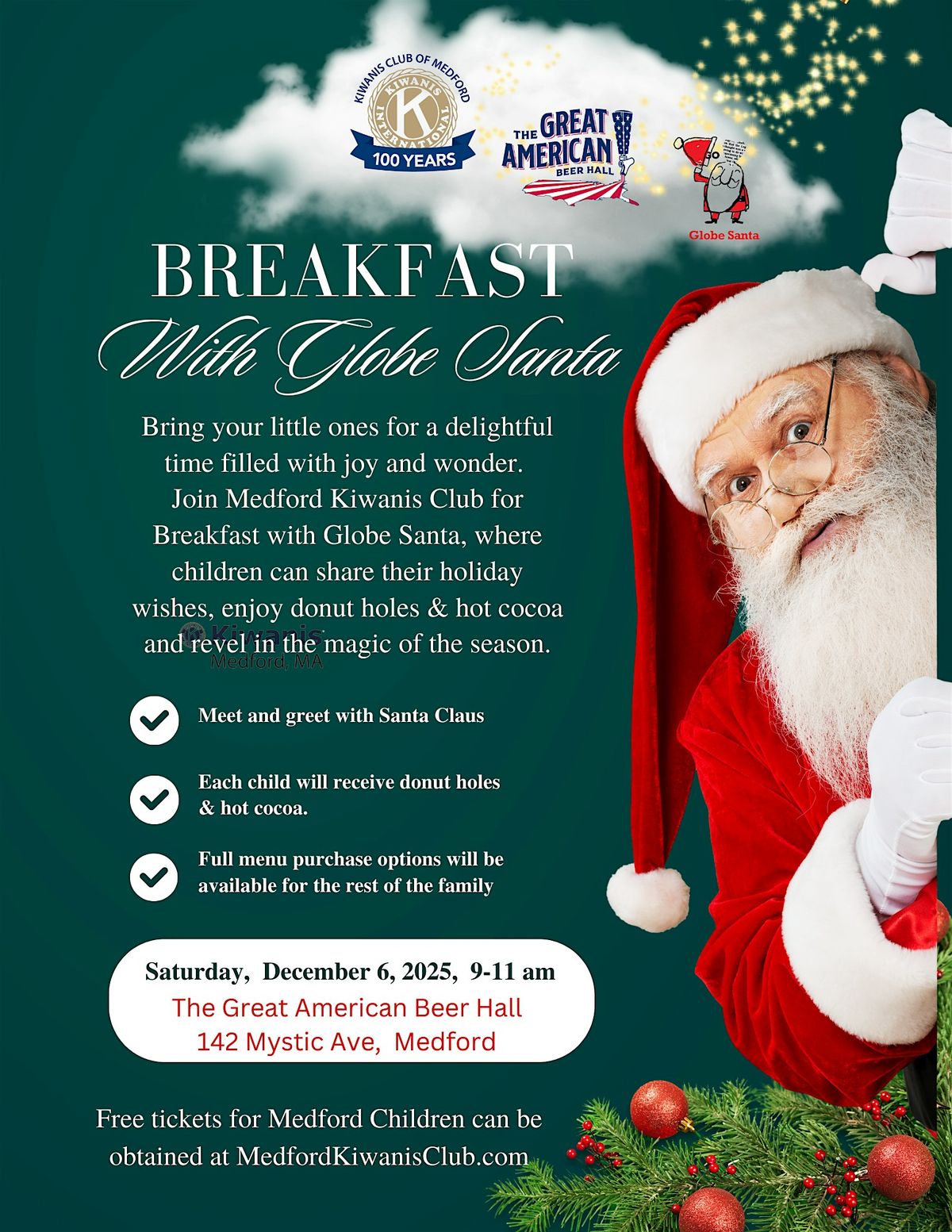 BREAKFAST WITH GLOBE SANTA, 6 December | Event in Medford | AllEvents