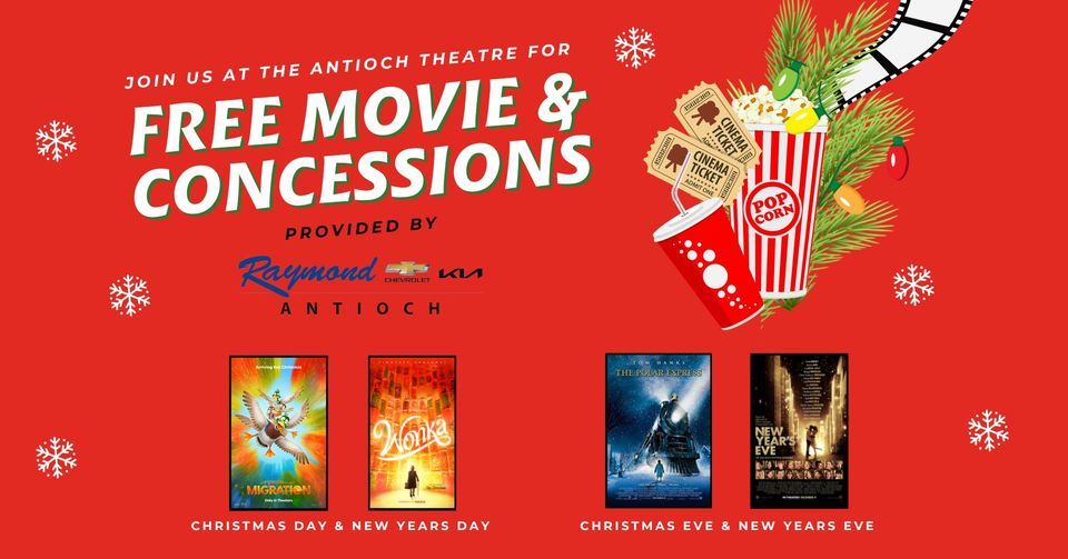 Free Holiday Movie Showings & Concessions, Antioch Theatre, December 25