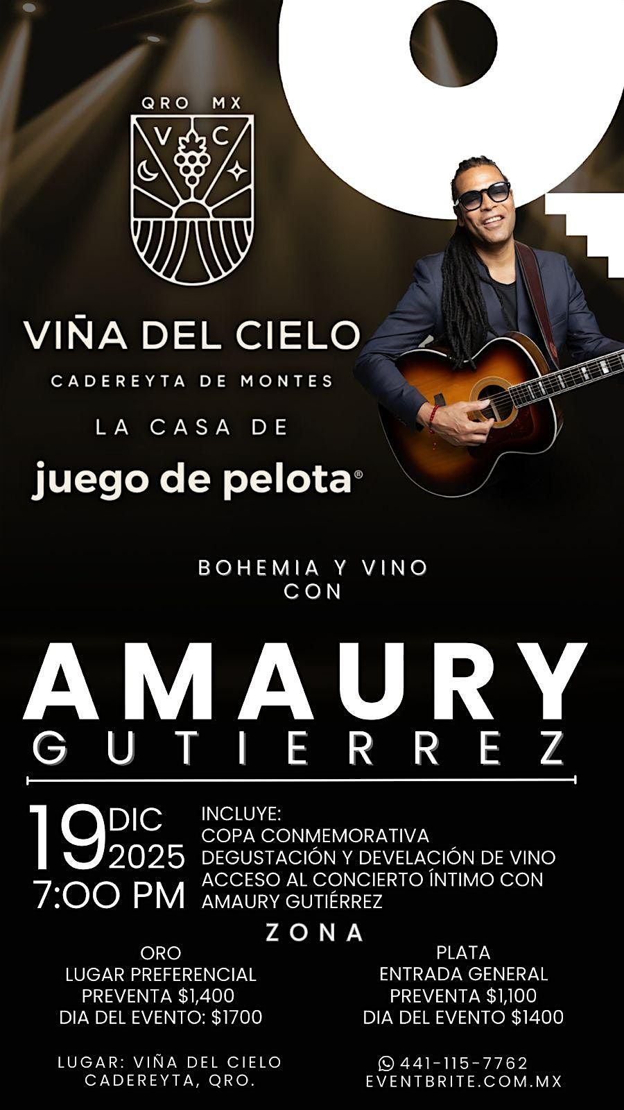 BOHEMIA & VINO CON AMAURY GUTIÉRREZ  EN VIÑA DEL CIELO, 19 December | Event in Cadereyta de Montes | AllEvents
