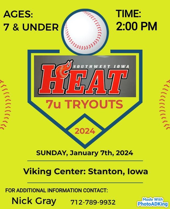 Southwest Iowa Heat 7U Tryouts, Viking Center, Stanton, January 7 2024