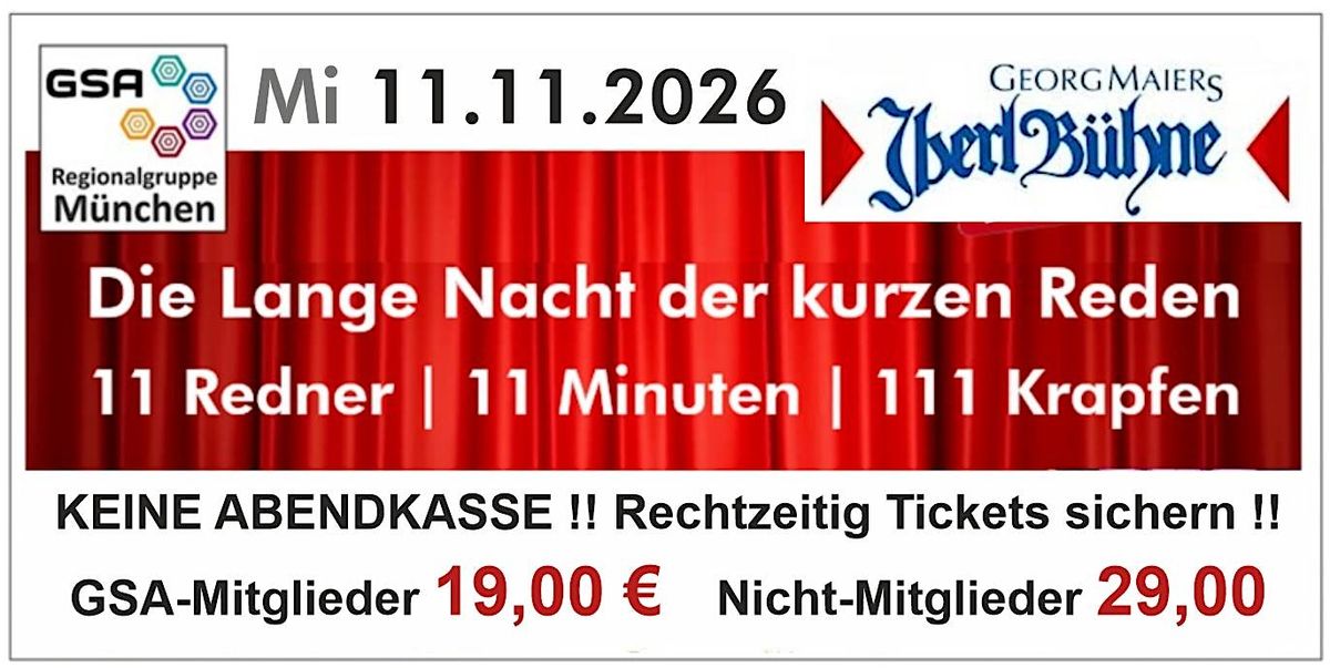 Die Lange Nacht der kurzen Reden - 11 Redner je 11 Minuten und 111 Krapfen, 11 November | Event in München