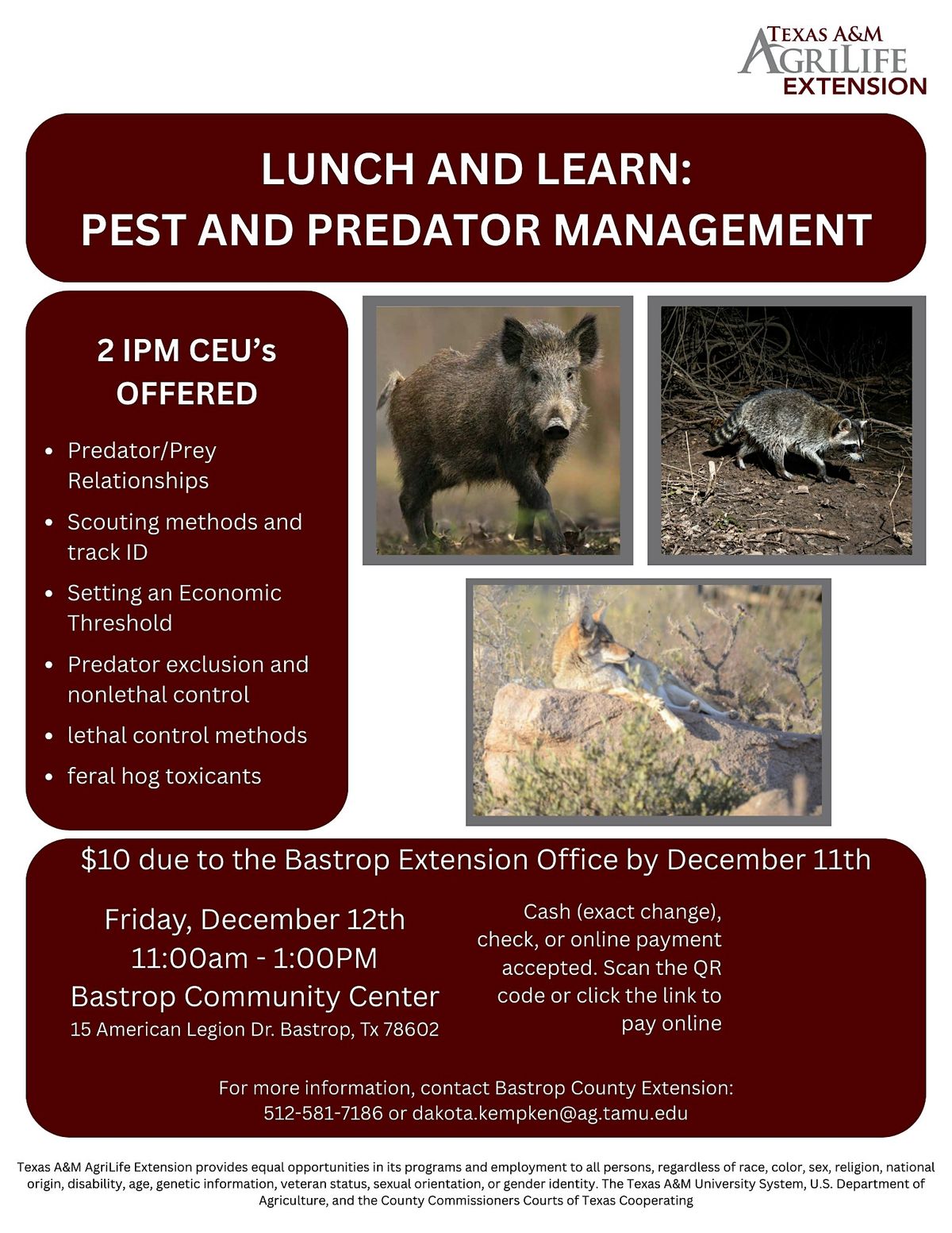 Lunch and Learn: Pest and Predator Management, 12 December | Event in Bastrop | AllEvents