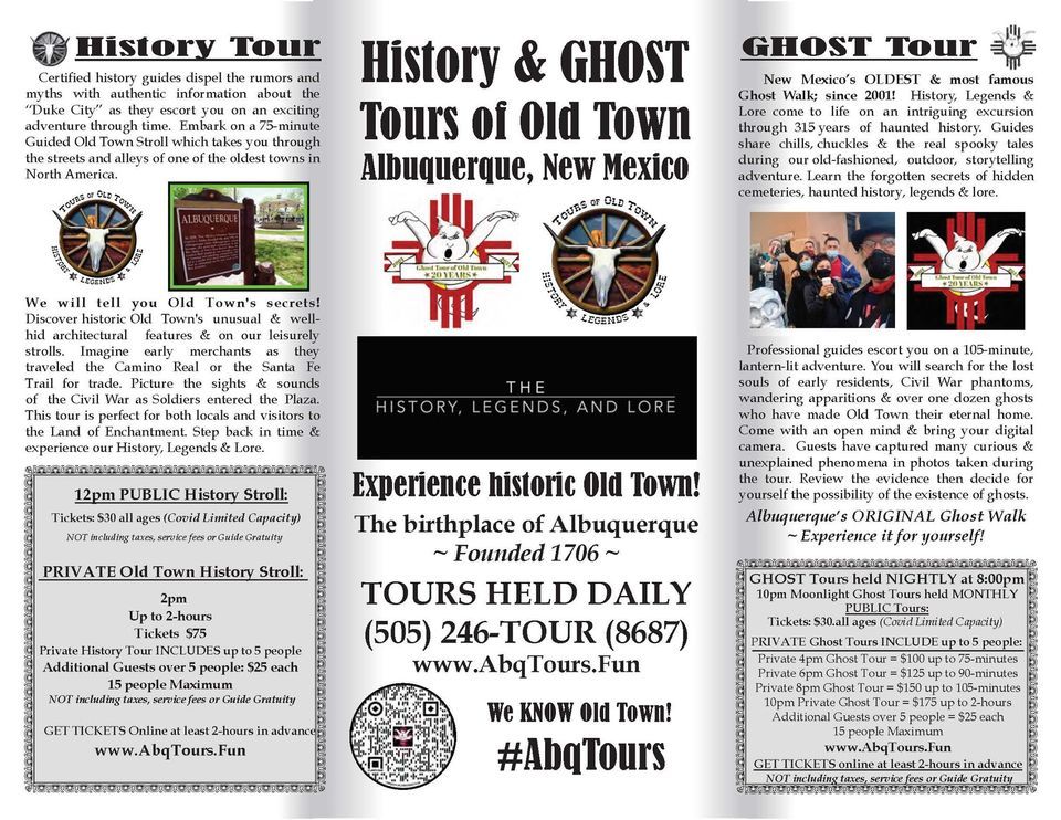 We know the sights, sounds, flavors, people, shops, products, places, photo opportunities and all of the unique things that give visitors the complete “old town experience”. Download Tour Brochure, AbqTours History & GHOST Tours of Old Town