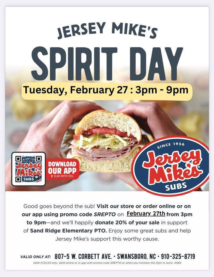 Sand Ridge Elementary PTO Sirit Night @ Jersey Mikes --> 33pm-9pm ...