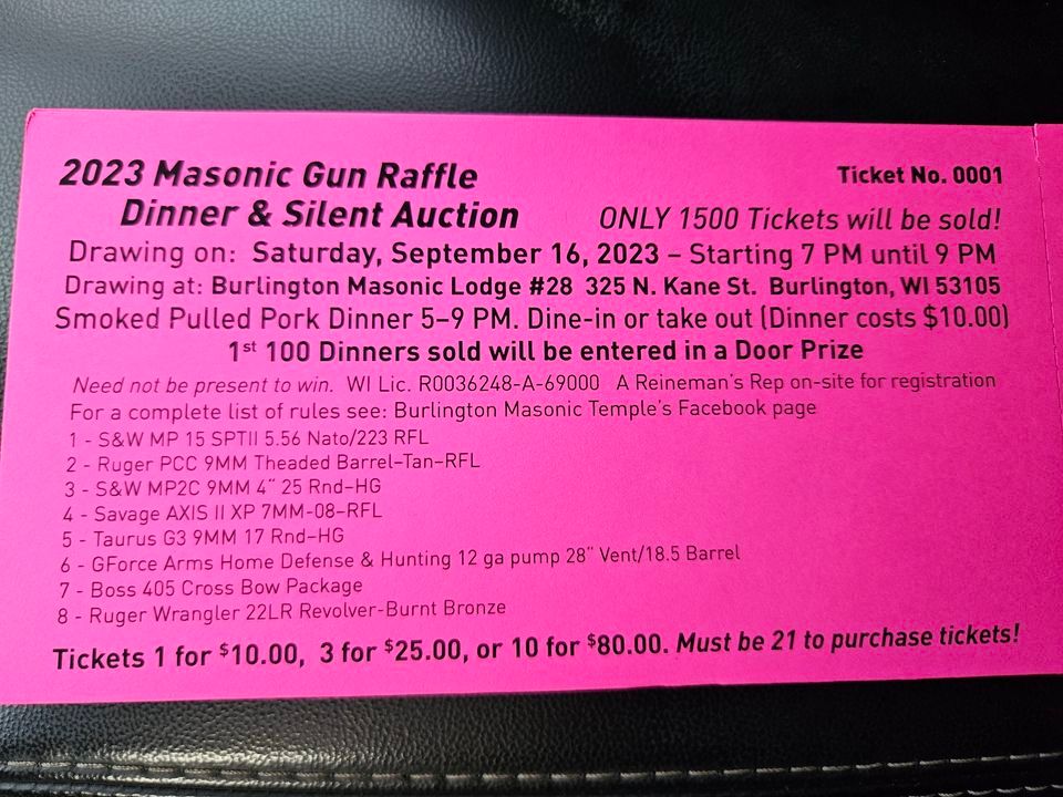 Burlington Lodge 6th Annual Gun Raffle and Sportsmans Dinner
