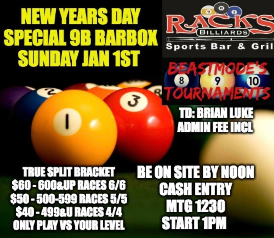 New Year’s Day 9b special Racks billiards, 321 N Entrance Rd, Sanford