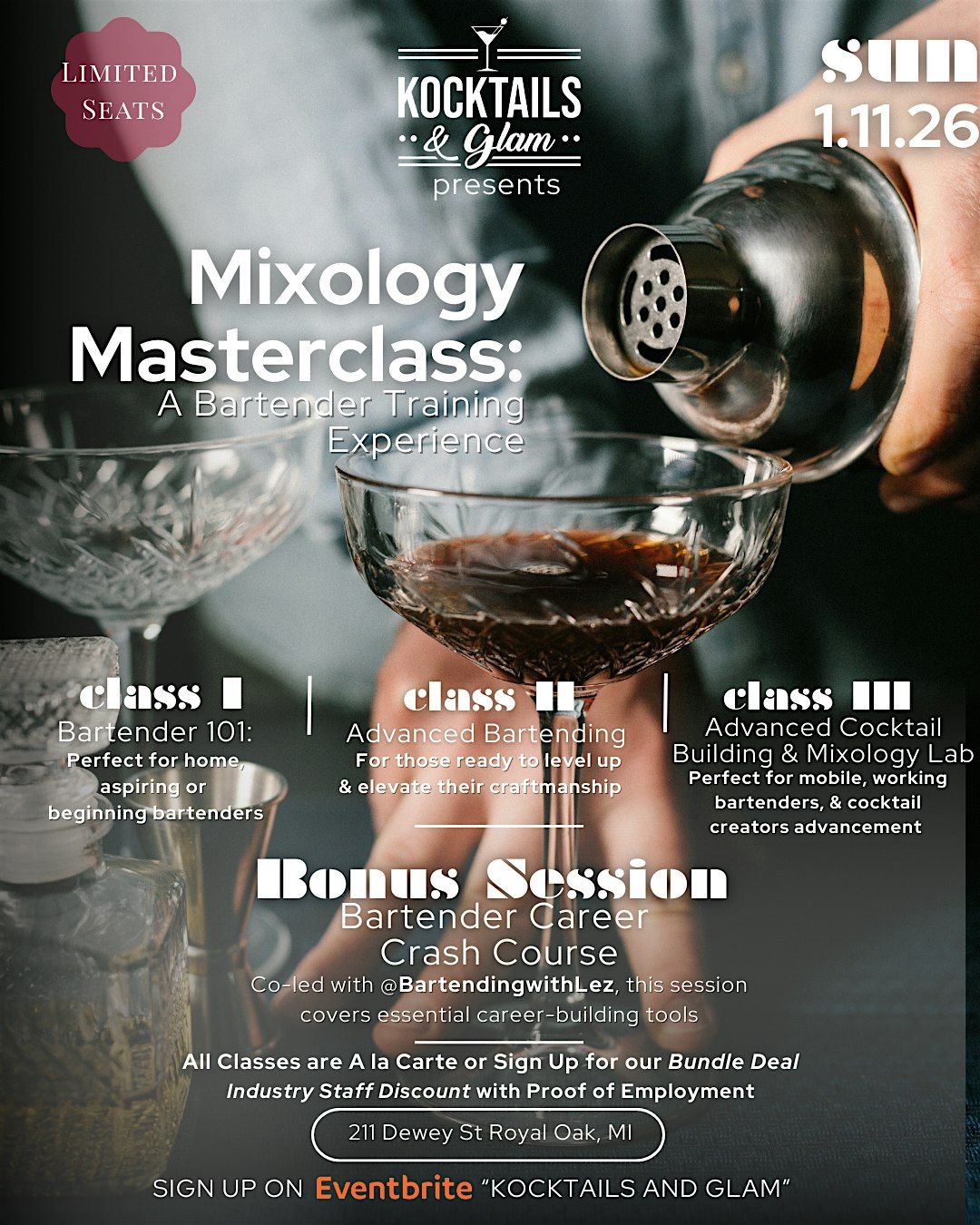 Mixology Masterclass: A Bartender Training Experience (Level I-III), 11 January | Event in Royal Oak | AllEvents