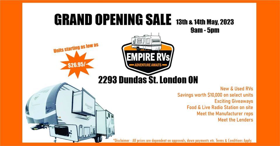 EMPIRE RVs Grand Opening Sale, Empire RVs London Ontario, 13 May