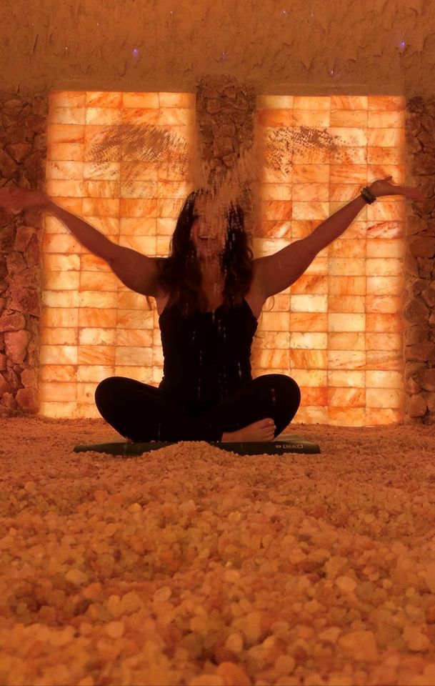 Yin Yoga In A Salt Cave At Room & Pillar With A Sound Bowl & Magical
