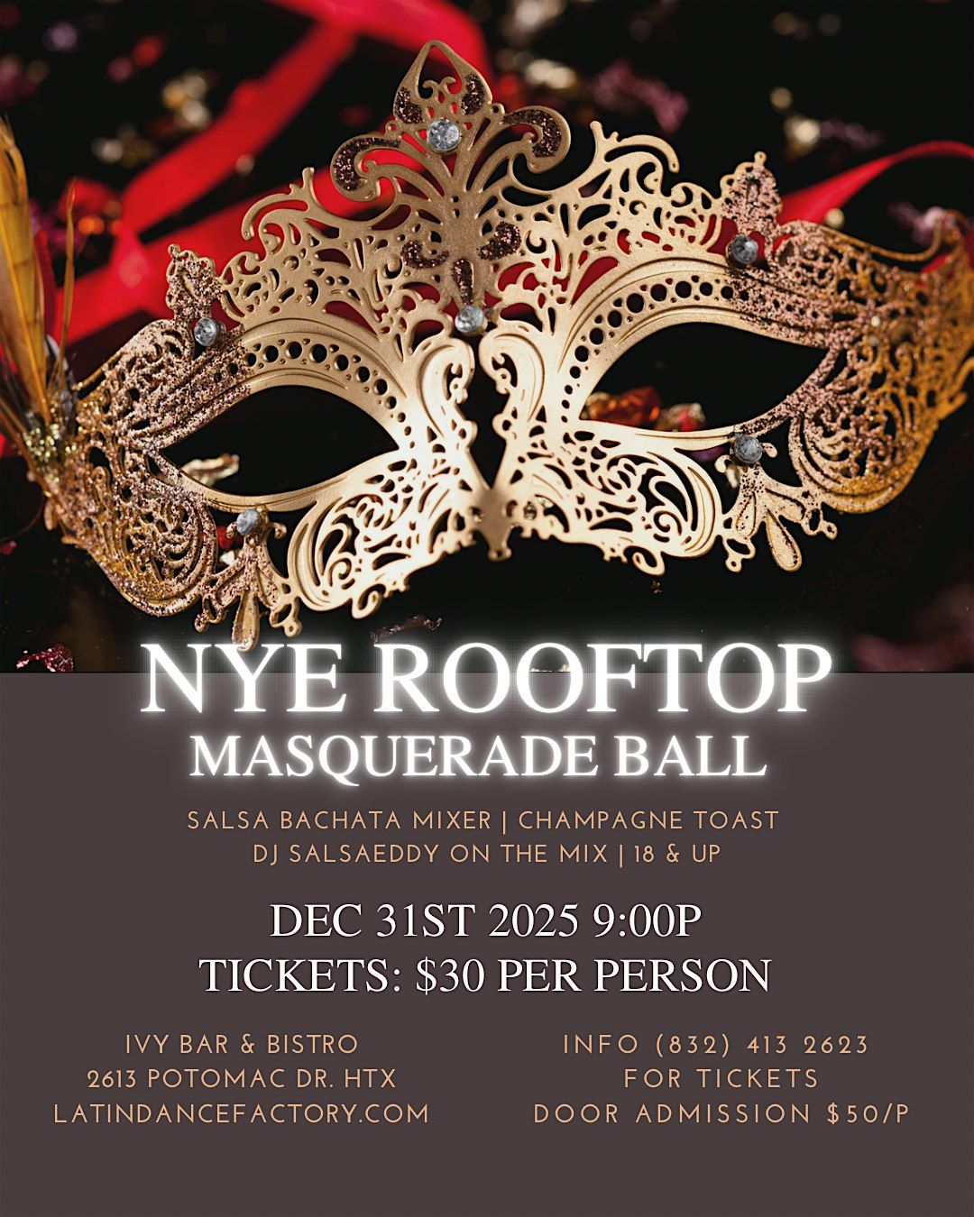 Masquerade NYE Salsa Bachata Party! On the Rooftop 12/31, 31 December | Event in Houston | AllEvents