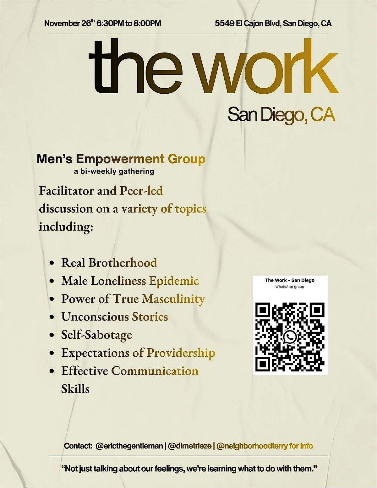 The Work - San Diego / Mens Group, 3 December | Event in San Diego | AllEvents